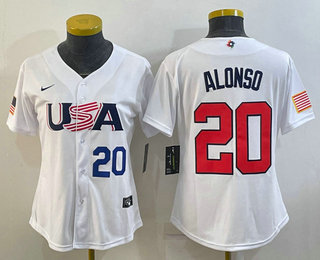 Women%27s USA Baseball #20 Pete Alonso Number 2023 White World Classic Stitched Jersey
